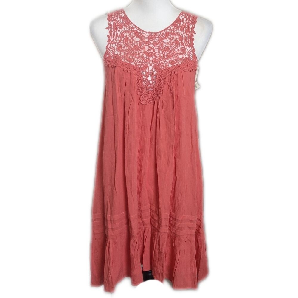 Entro NWT gauzy layered swing mini dress, coral pink, embroidery lace M